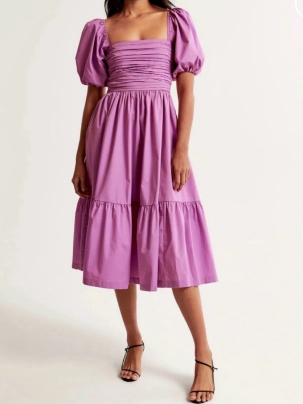 Abercrombie & Fitch Lilac Square-Neck Puff-Sleeve Midi Dress
